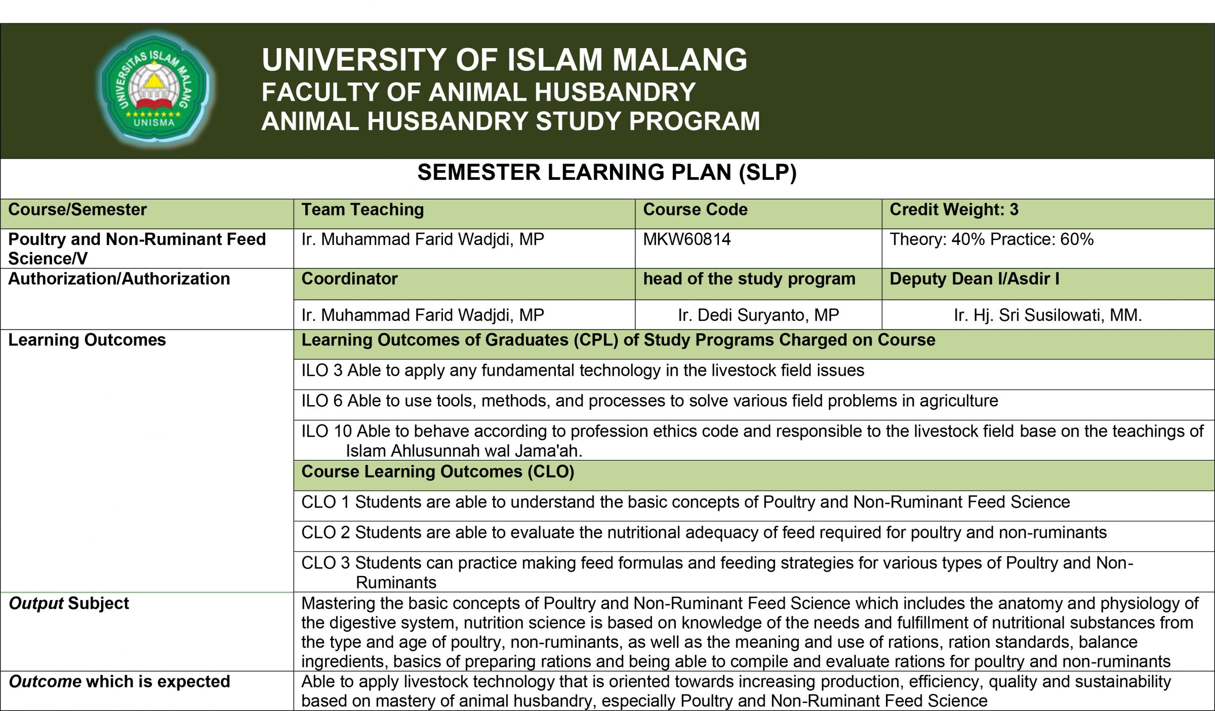 SLP Poultry and Non Ruminant Feed Science - Fakultas Peternakan UNISMA