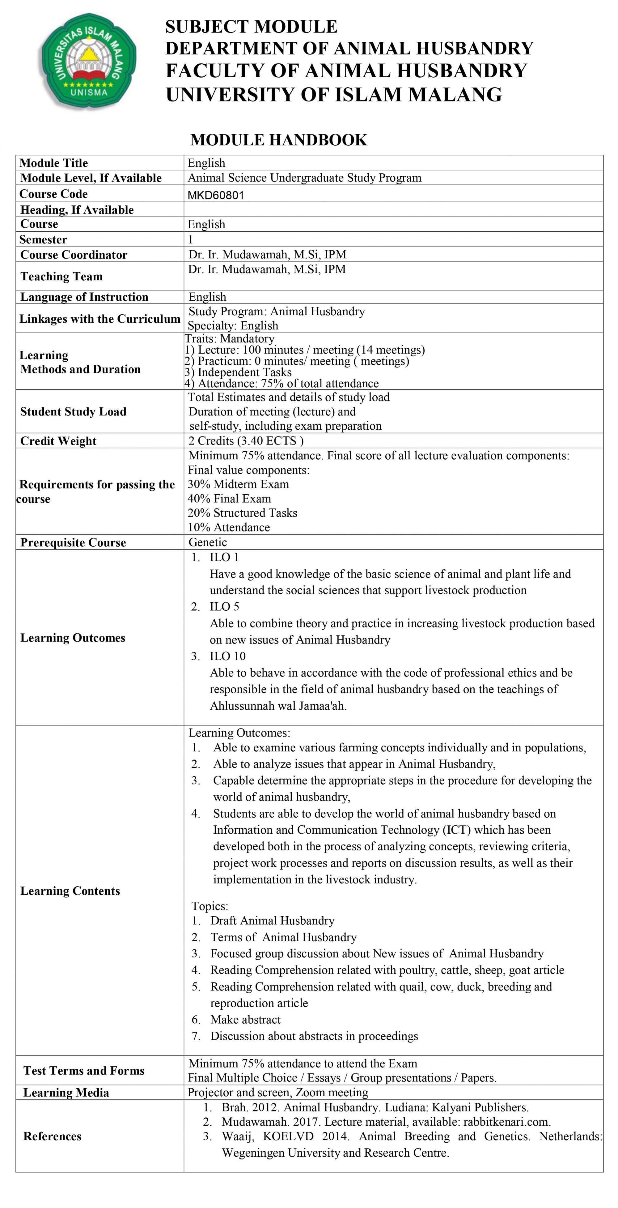 Sample Module English Subject Module English - Fakultas Peternakan UNISMA